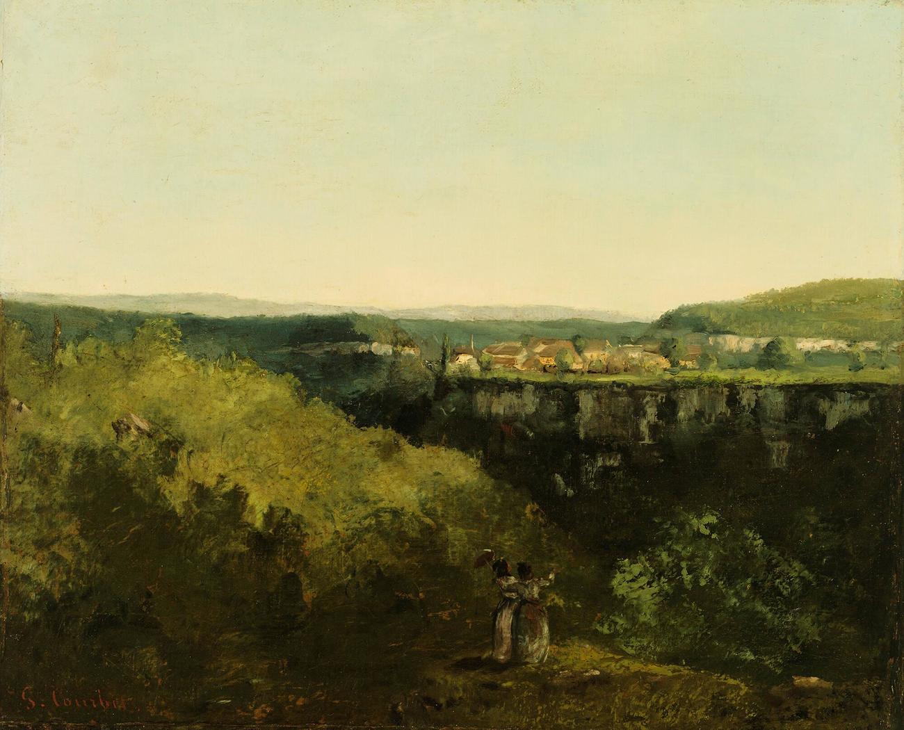 An oil painting of a landscape with two women in the foreground looking out into the distance where there are hills and a cluster of small buildings. A before and after slider shows the impact of the painting’s recent restoration.