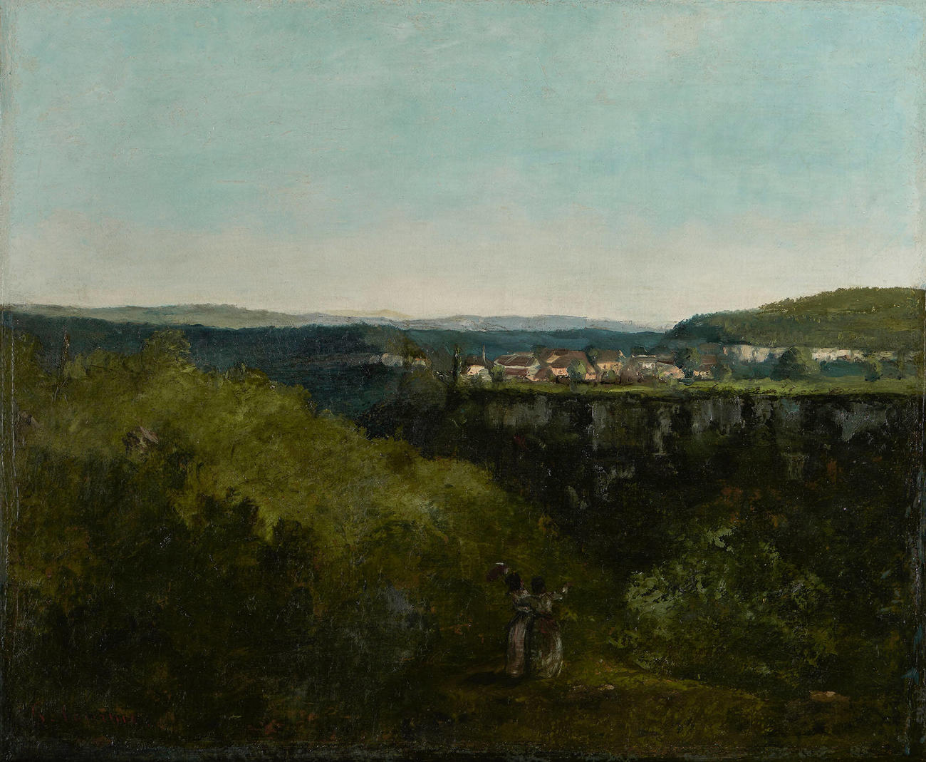  An oil painting of a landscape with two women in the foreground looking out into the distance where there are hills and a cluster of small buildings. 