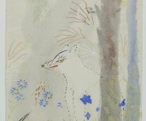 A white fox drawn in watercolor sits in a forest next to a tree and blue flowers.