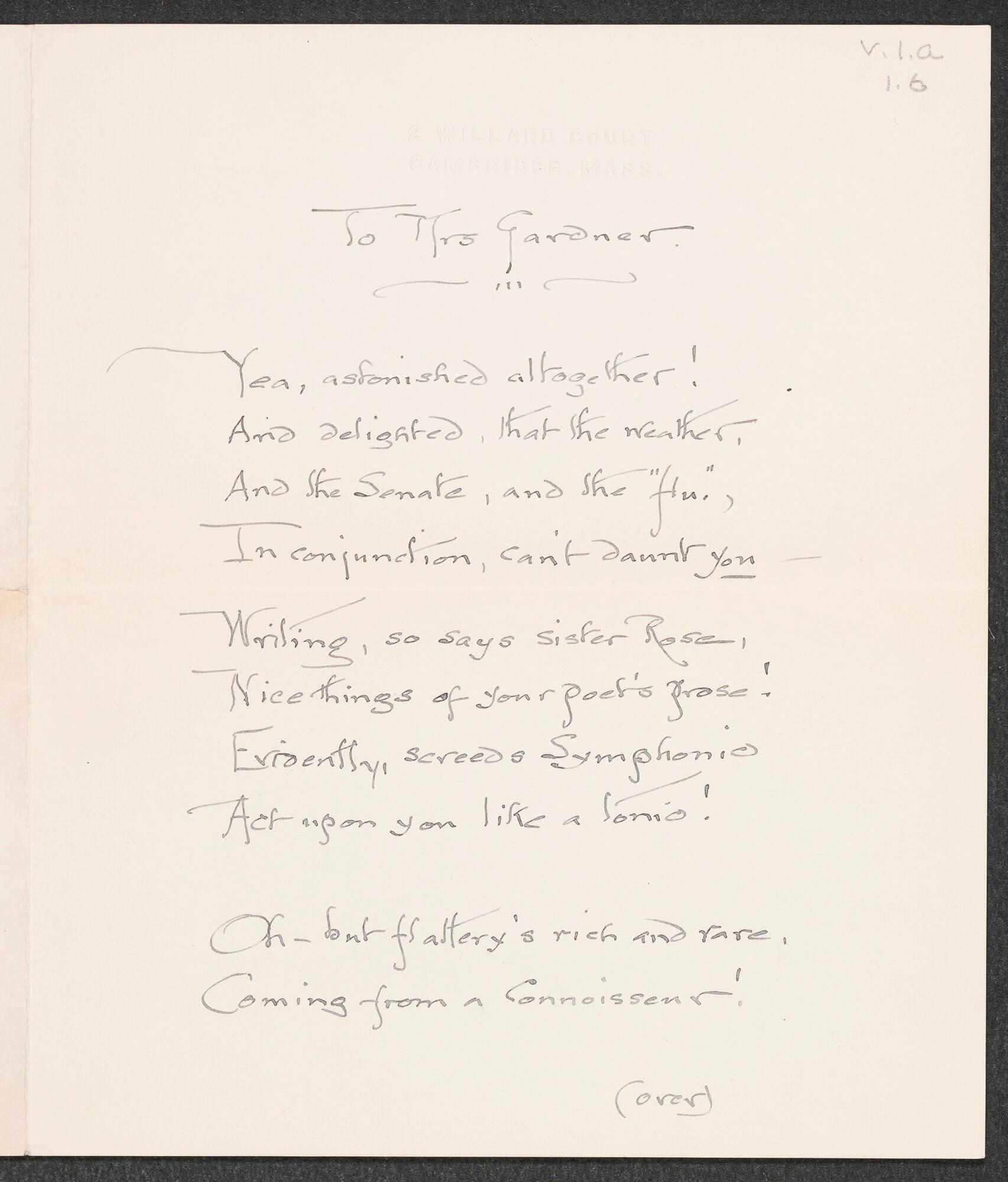 To Mrs. Gardner Isabella Stewart Gardner Museum