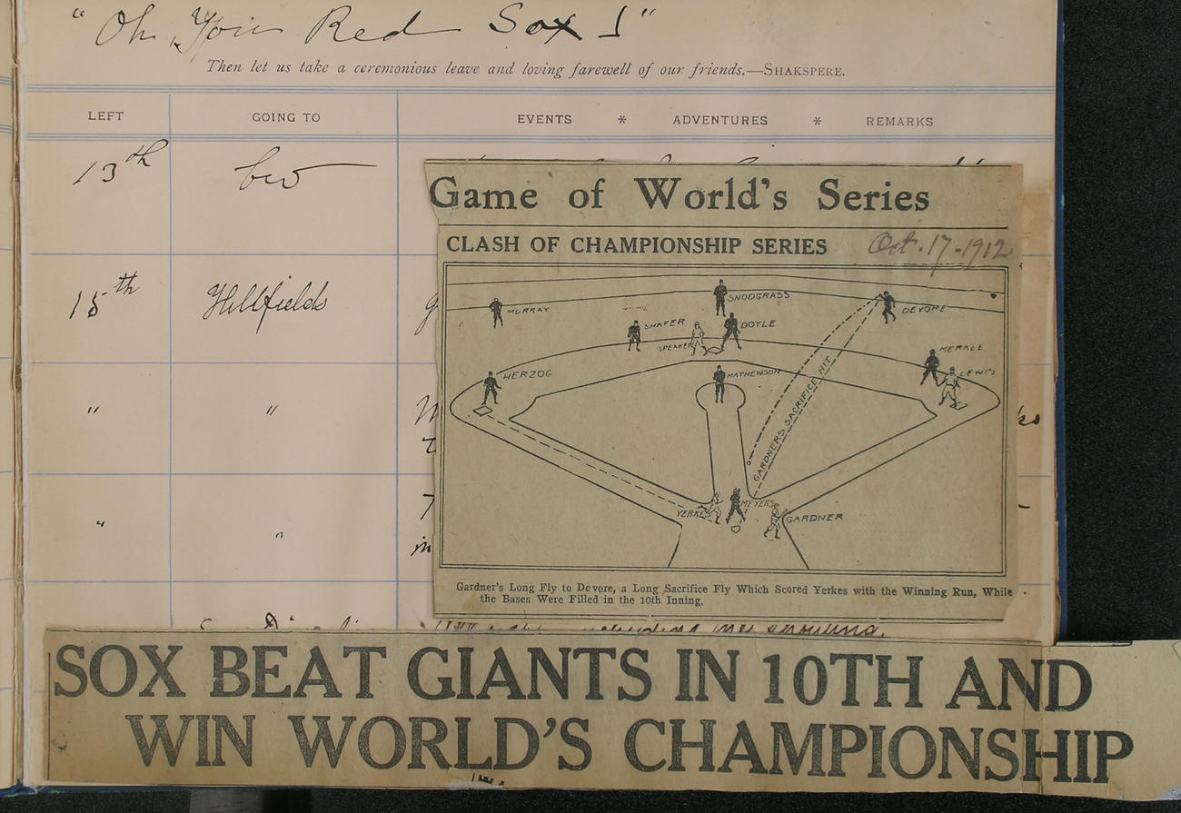 Isabella Stewart Gardner’s Guest Book, Volume XII, 20 June 1912–11 November 1913, showing a news clipping and Isabella's inscription of "Oh You Red Sox!"