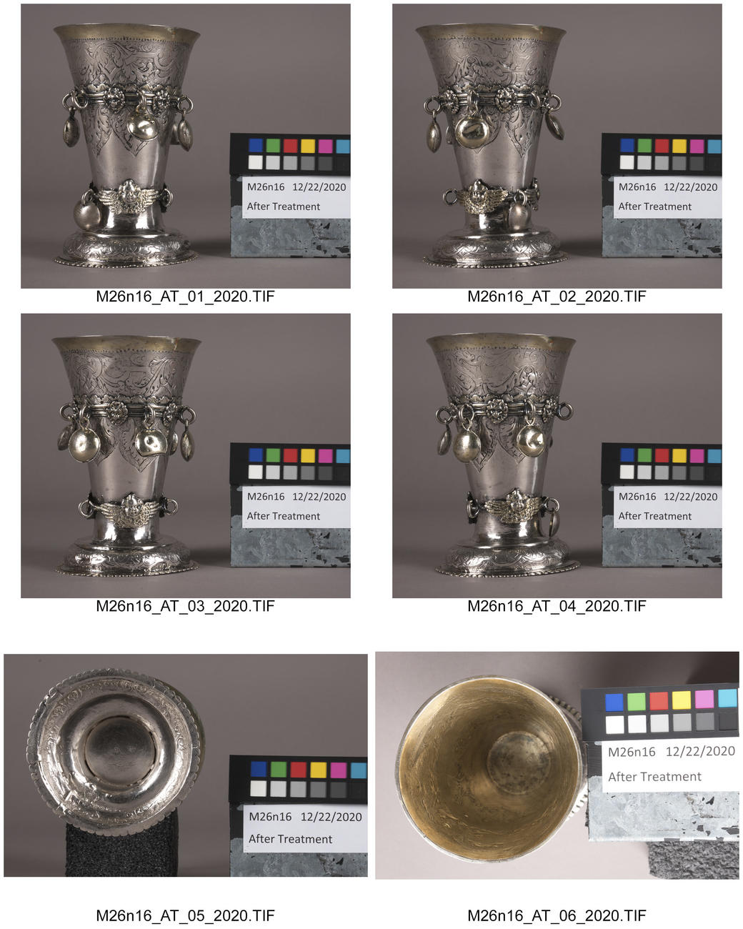 Six images of a silver cup in different positions.