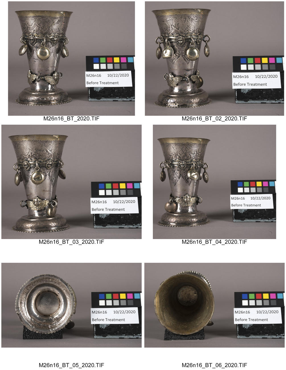 Six images of a silver cup in different positions.