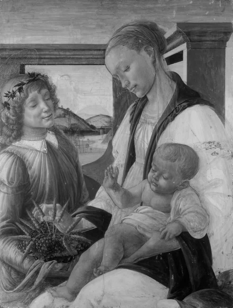 Black and white photograph of Botticelli’s painting Virgin and Child with an Angel taken using infrared light with visible drawing lines compared to the visible light color photograph of the painting