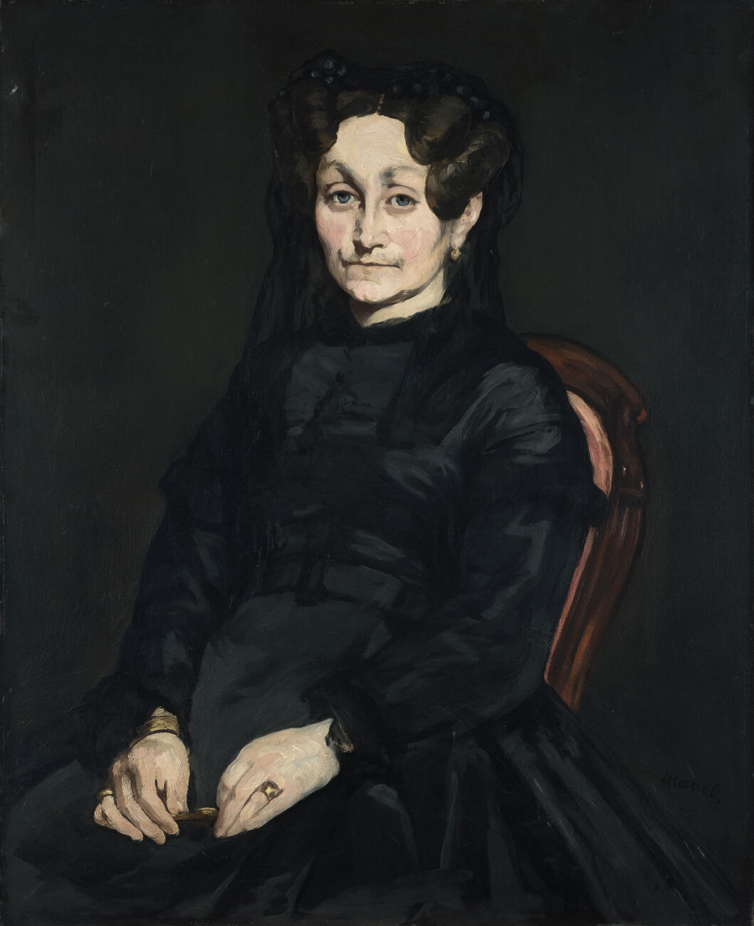 A painted portrait of a white woman with dark hair and blue eyes seated wearing a black dress juxtaposed with the same image showing a reflective finish.