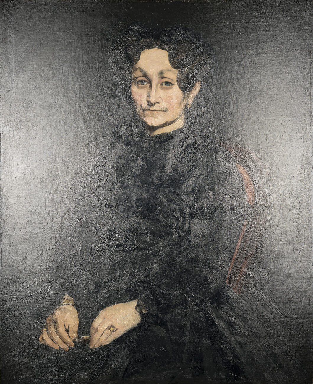 A painted portrait of a white woman with dark hair and blue eyes seated wearing a black dress juxtaposed with the same image showing a reflective finish.