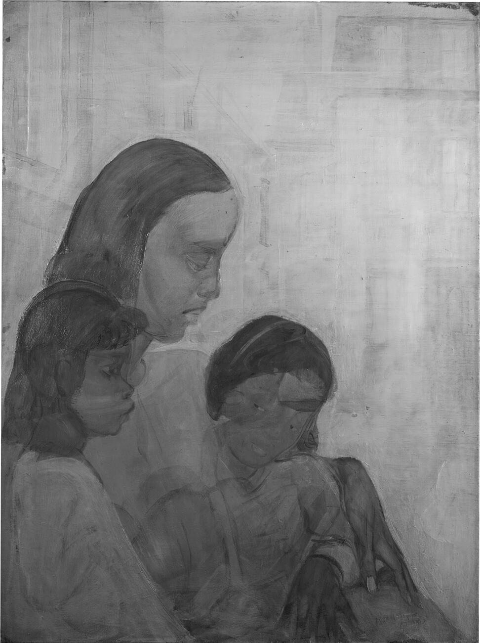 Two photographs of Crite’s painting Untitled (Mother and Children); the infrared reflectograph shows visible under drawing lines and is compared to the visible light color photograph.