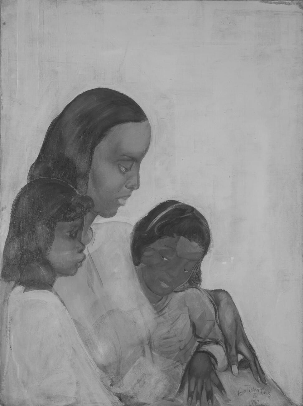 Two photographs of Crite’s painting Untitled (Mother and Children) under infrared light and visible light.
