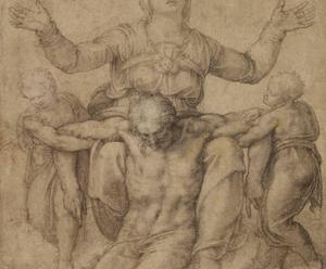 A sketch of a woman with her hands up and a lifeless Jesus beneath her.
