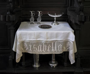 A table in the Chapel with a cloth crocheted by Isabella, Isabella Stewart Gardner Museum, Boston.