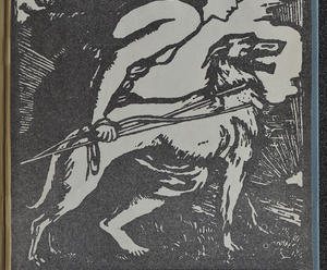 A black and white woodcut print of a hunter and a dog with the text The Irish Players from the Abbey Theatre.