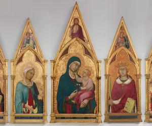 Five panels with pointed tops containing paintings of religious figures on gold background, created by Simone Martini.