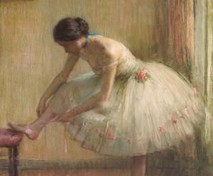 Painting of a ballerina lacing up her point shoes.