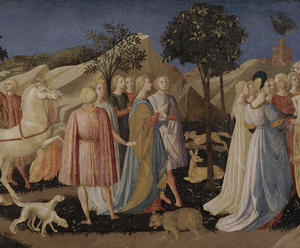 Men and women in colorful Italian Renaissance dress parade alongside two carts pulled by horses and unicorns in a landscape. From ‘The Triumphs of Love, Chastity, and Death by Francesco Pesellino.