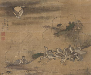 Detail from Yu Da’s ‘Wild Geese’ showing twelve geese huddling together on a river bank.