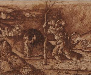 Ink drawing in shades of brown showing Saint Christopher crossing a river with Christ as a child on  one shoulder and a tall branch in his other hand, with rolling hills and buildings in the background.
