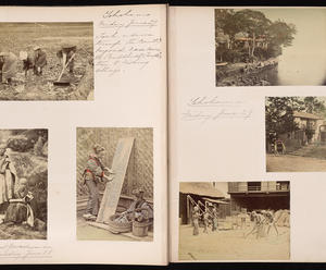 A spread from Isabella’s travel album of Japan showing six photographs and Isabella Stewart Gardner’s annotations about her visit to Yokohama. The photographs show agricultural scenes, individuals in robes, the drying of laundered textiles, and architectural structures.