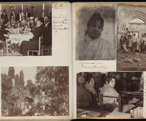 One page from an album with three black and white photographs of Spanish individuals. Annotations in Isabella Stewart Gardner’s hand describe women in a tobacco factory and Alcalá de Guadaíra