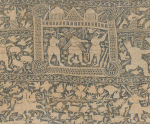 A detail of an embroidered wall hanging in the Gardner Museum of cream colored thread on a dark blue background. Three men in 17th century European dress are surrounded by a wall. On the outside of the wall are sheep, ducks, and vegetation.