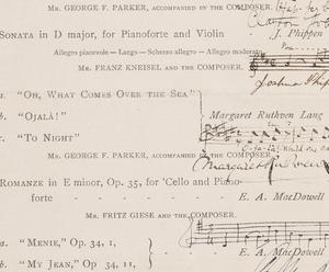 A printed list of musical works by Edwin A. Jones, Clayton Johns, J. Phippen, E.A. MacDowell, H.W. Parker, and the Kneisel Quartette, with signatures of the composers and handwritten bars of music.