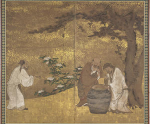 wo wizened men furrow their brows and pucker their lips as they hover over a large earthenware pot. Their outstretched fingers indicate the source of their dismayed expressions lies in the liquid contents of the pot they have just sampled. To the left, a third puckering old man carries a spoon and forms a Daoist hand sign (shoujue 手訣) as he walks towards his companions. A large, gnarled pine tree with coiling ivy frames the scene while blossoming white peonies screen the background.  