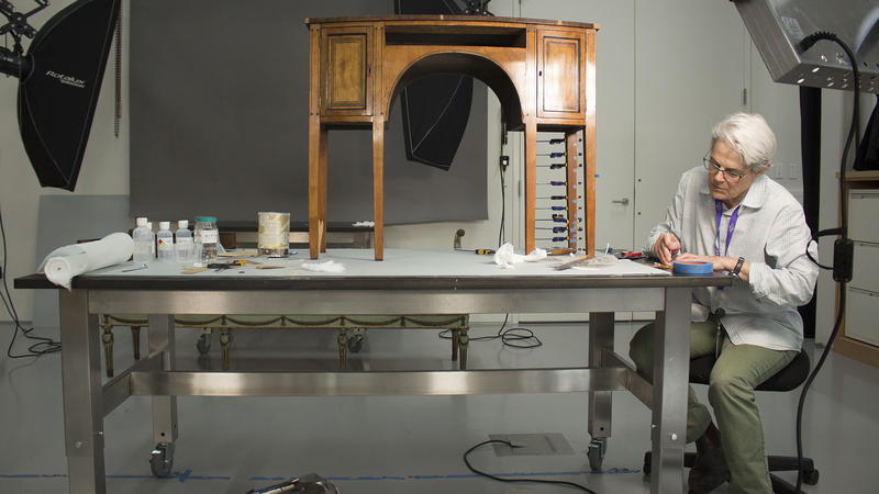 Desk being worked on in the Isabella Stewart Gardner Museum conservation labs