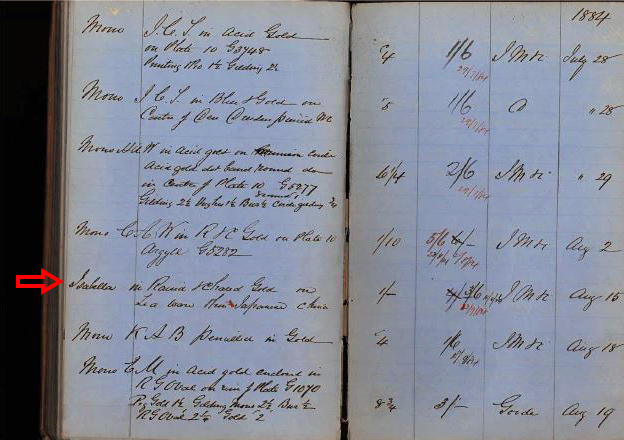 Estimate book from the Stoke-on-Trent City Archives showing the entry for the "Isabella" cup and saucer. Photo: Stoke-on-Trent City Archives, SD 1705/MS1445