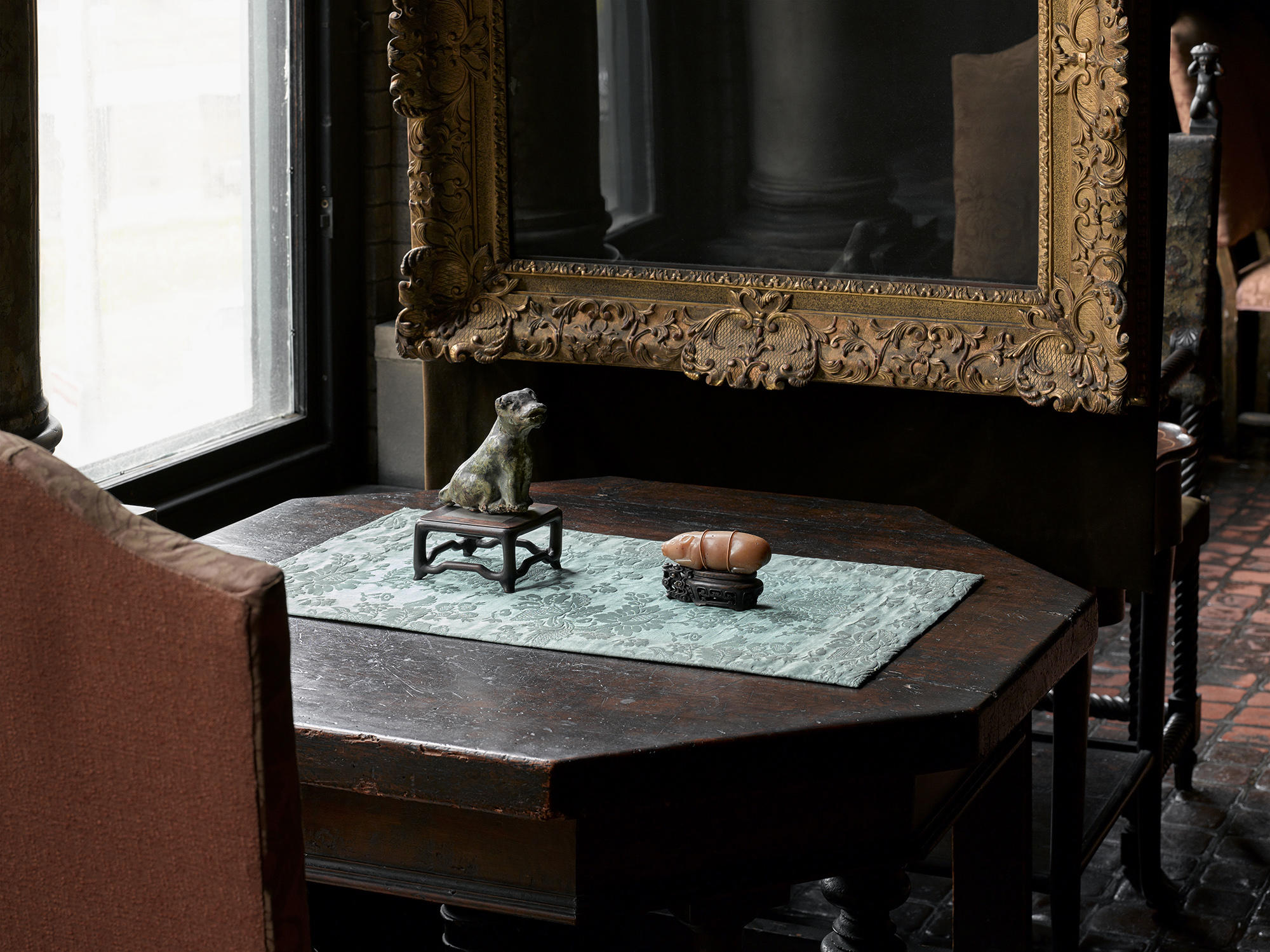 Dutch Room table with Dog Tomb Figurine (Chinese, 206 BC–220 AD) and Pig Tomb Figurine (Chinese, third century BC). Photo: Sean Dungan.