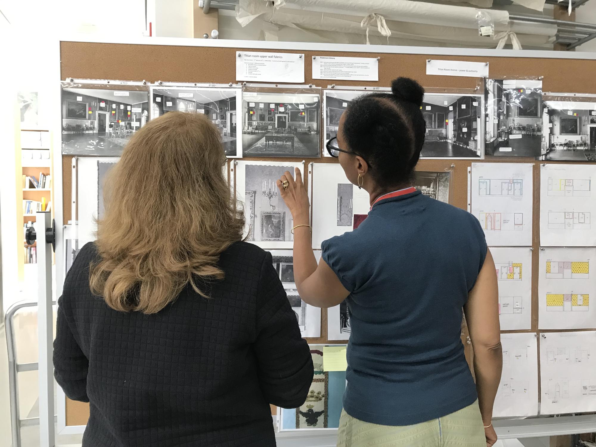 Sonya Clark discusses the Titian Room restoration with textile conservator, Tess Fredette, 2019