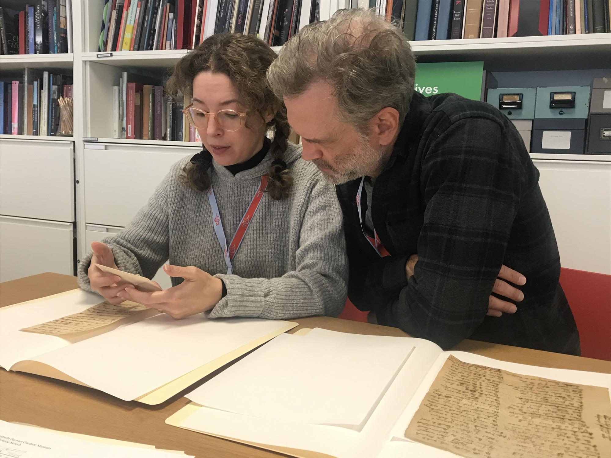 Mary Reid Kelley and Patrick Kelley at the hair archives at the Isabella Stewart Gardner Museum