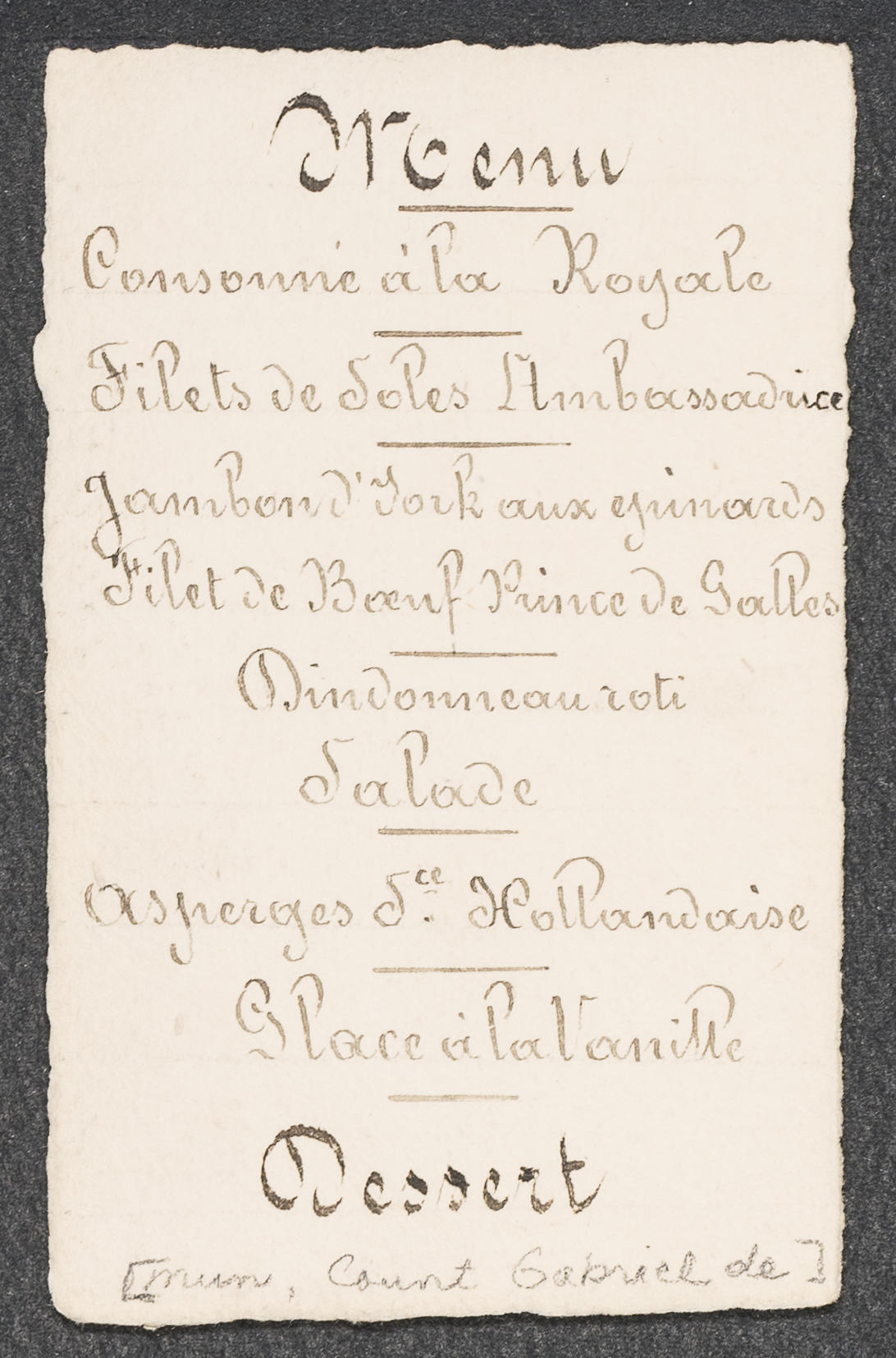 Menu for Mrs. Gardner at a dinner hosted by Gabriel De Mun, about 1906