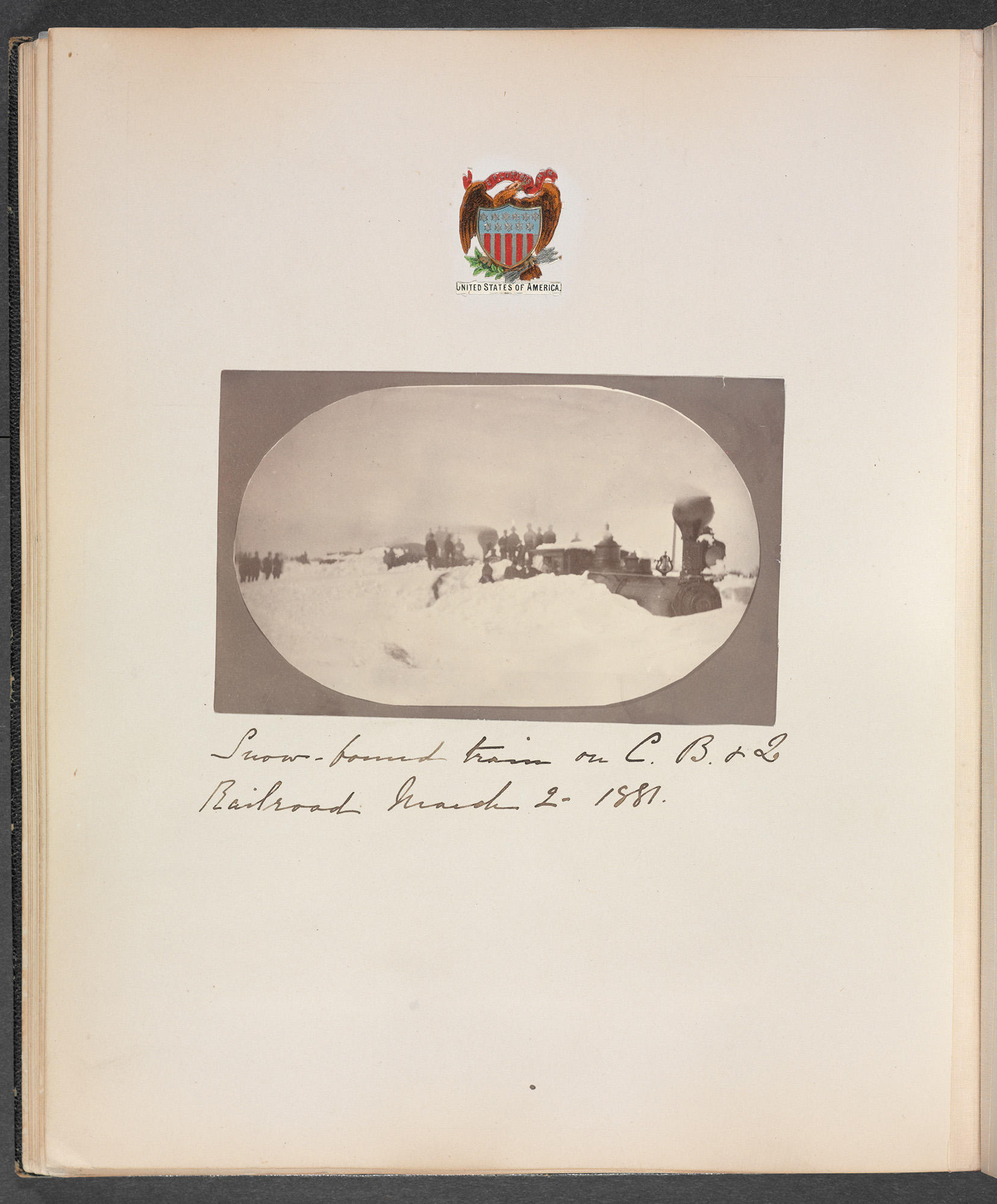 Isabella Stewart Gardner's Travel Album: Germany, Denmark, Norway, Sweden, Russia, Poland, the Western United States, Florida, Mexico, and Cuba, 1867–1886, page 21, showing the snowbound train