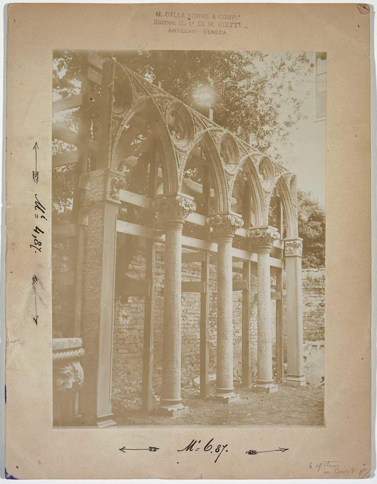 Photograph of Venetian stone arches that Isabella Stewart Gardner purchased from the antique dealer Moise Dalla Torre