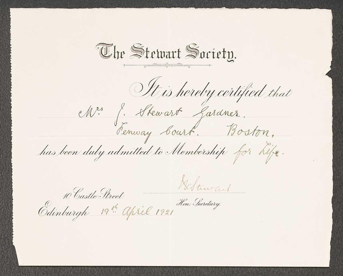 Isabella Stewart Gardner’s lifetime membership certificate to the Stewart Society