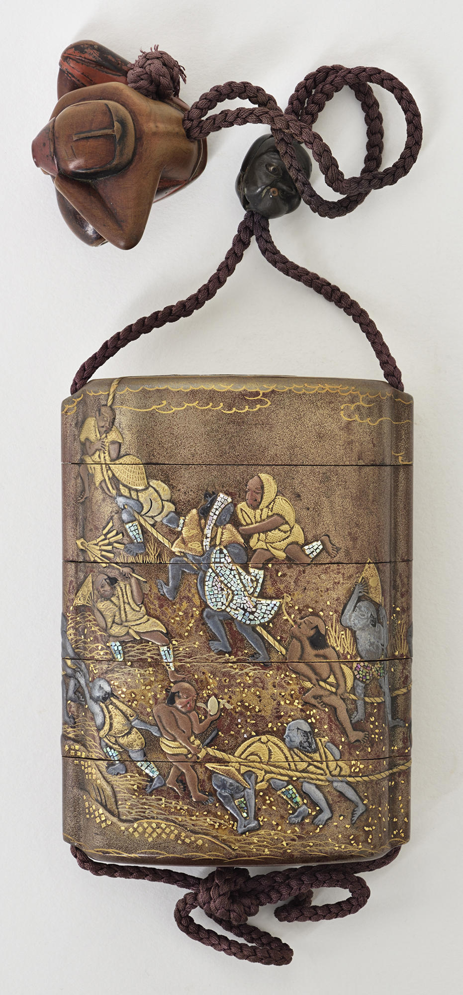 Japanese, Medicine Case (Inrō): Men Pulling a Cart, 18th century. Lacquered wood with gold, silver, and mother-of pearl decoration; with lacquer netsuke and silver, copper, and shibuichi alloy ojime,