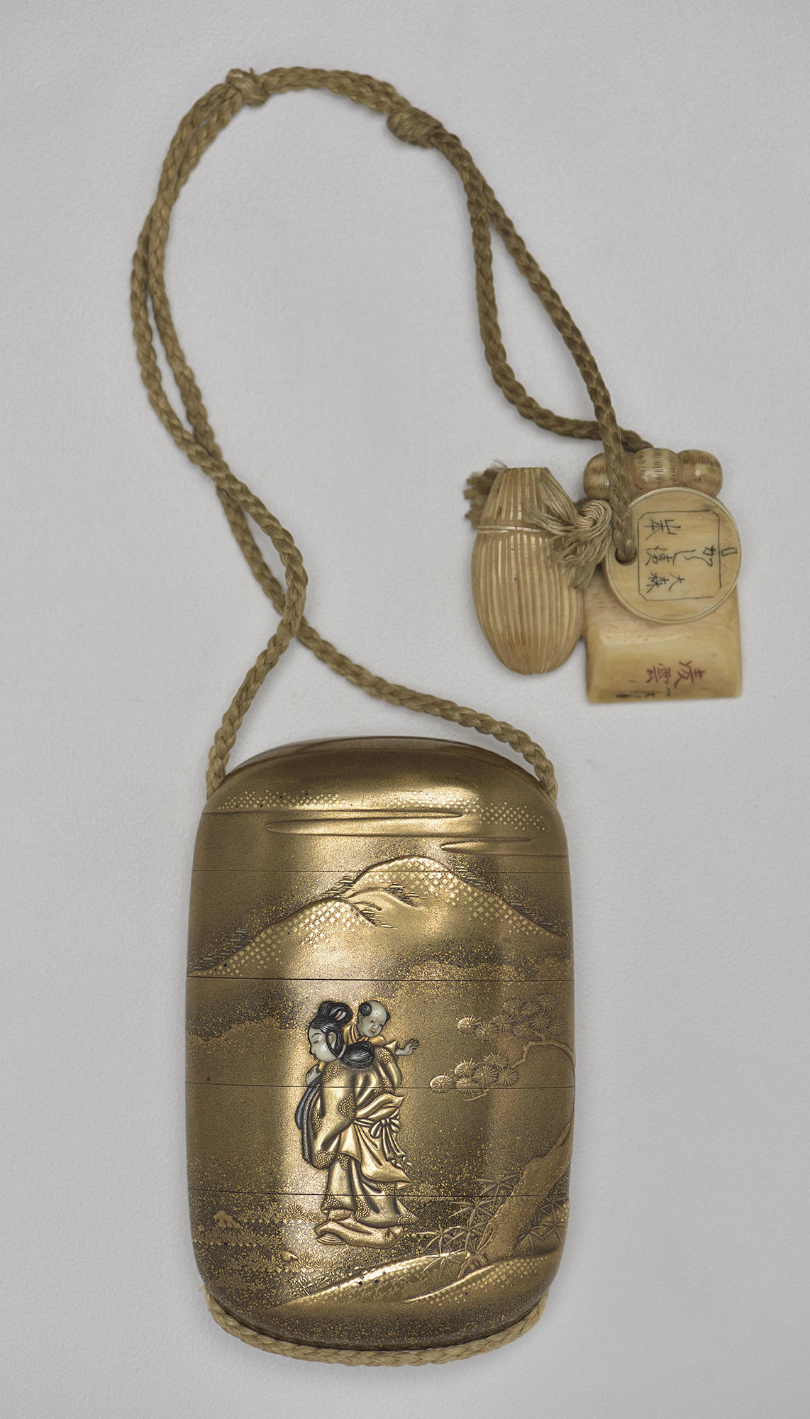 After Kajikawa, Yoshiro (active Kyoto, 19th century), Medicine Case (Inrō): Scene Of Kuo Chü, late 19th century. Lacquered wood with gold and ivory decoration and ivory netsuke