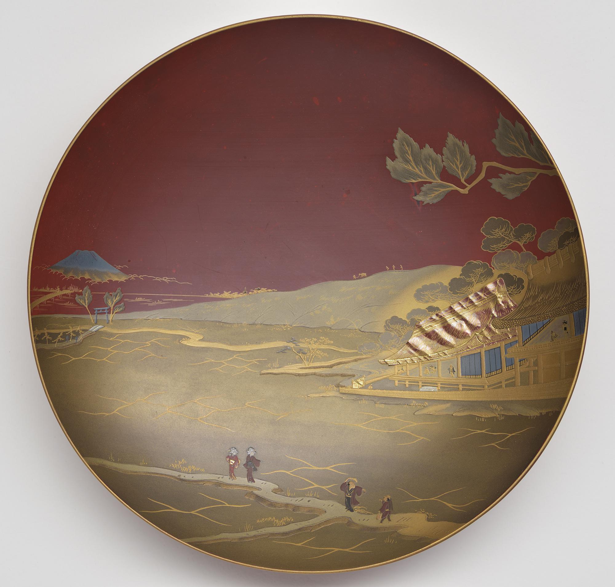 Tachibana Gyokuzan (active Edo, late 18th century–19th century), Saké Cup: Mukojima and Mt. Fuji, mid-19th century. Lacquered wood (hiramakié)