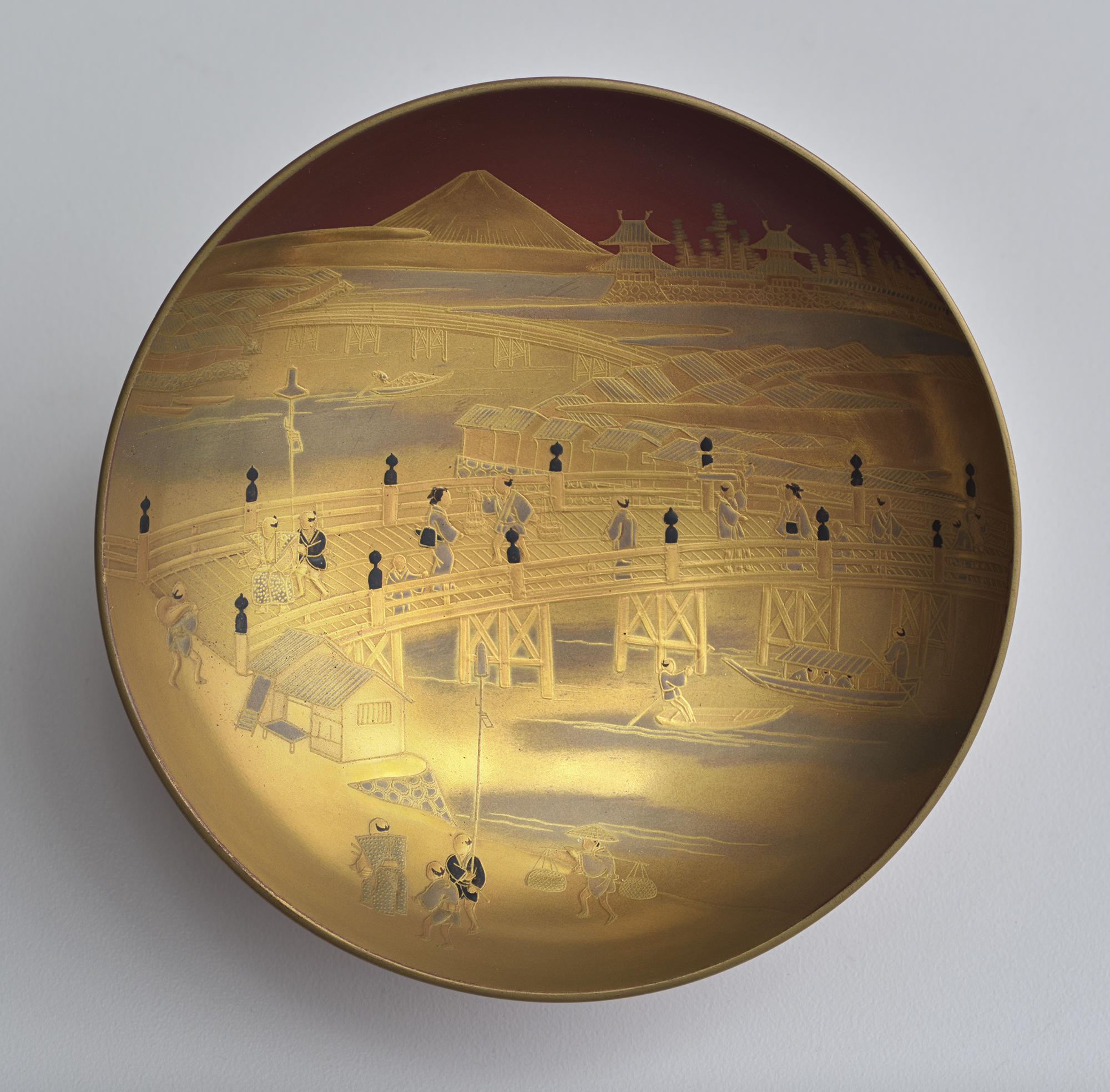 Japanese, Saké Cup: Nihon-bashi and Mt. Fuji, mid-19th century. Lacquered wood (hiramakié)