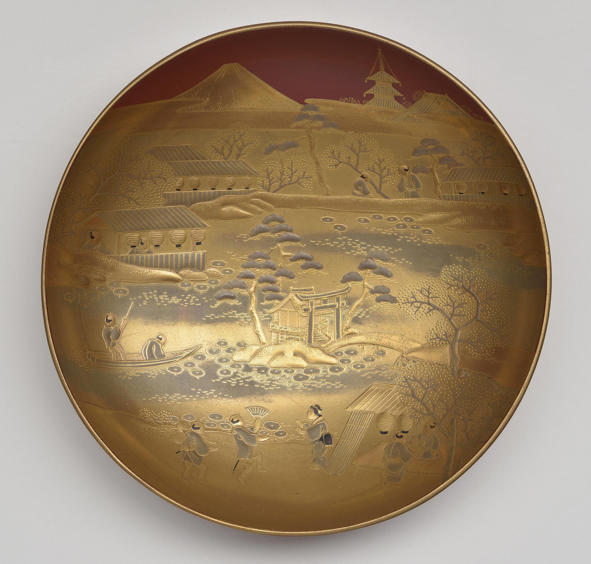 Japanese, Saké Cup: Shinobazu Pond and Mt. Fuji, 19th century. Lacquered wood (hiramakié)