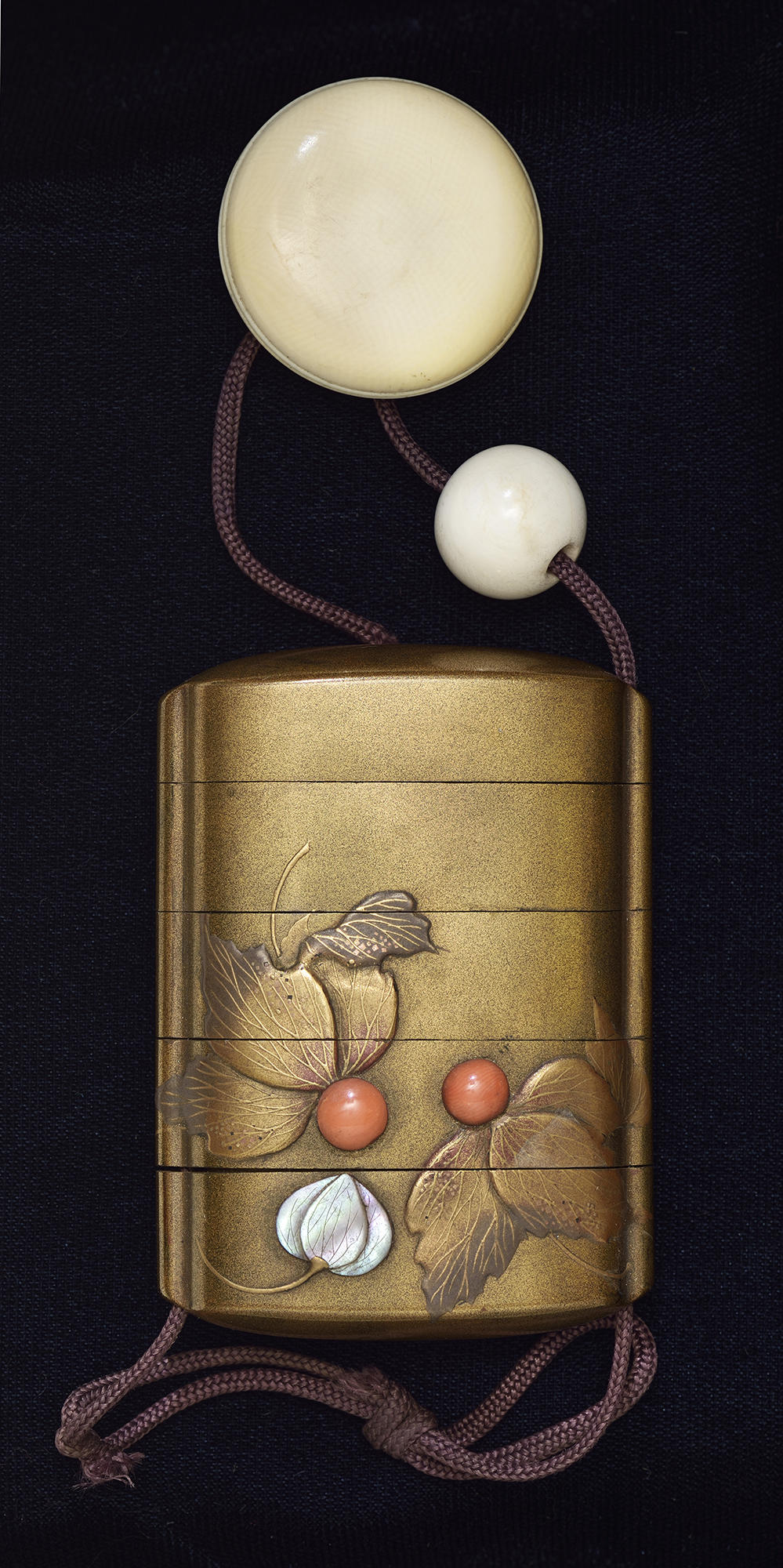 Japanese, Medicine Case (Inrō): Lantern Plant, late 19th century. Lacquered wood and gold with mother-of-pearl, coral, and lead inlays; ivory netsuke and ojime