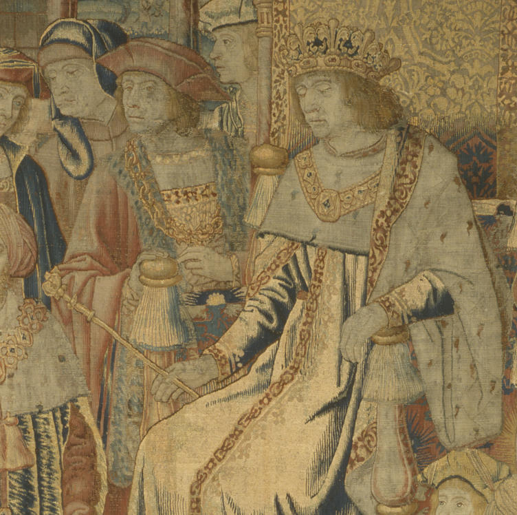 A close up of Ahasuerus extending his scepter.