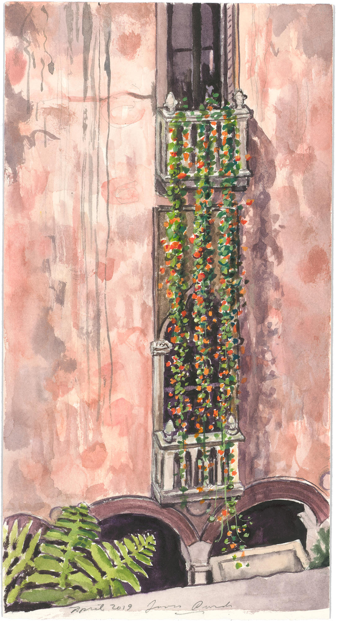 A closer view of a watercolor painting of nasturtiums at the Isabella Stewart Gardner Museum