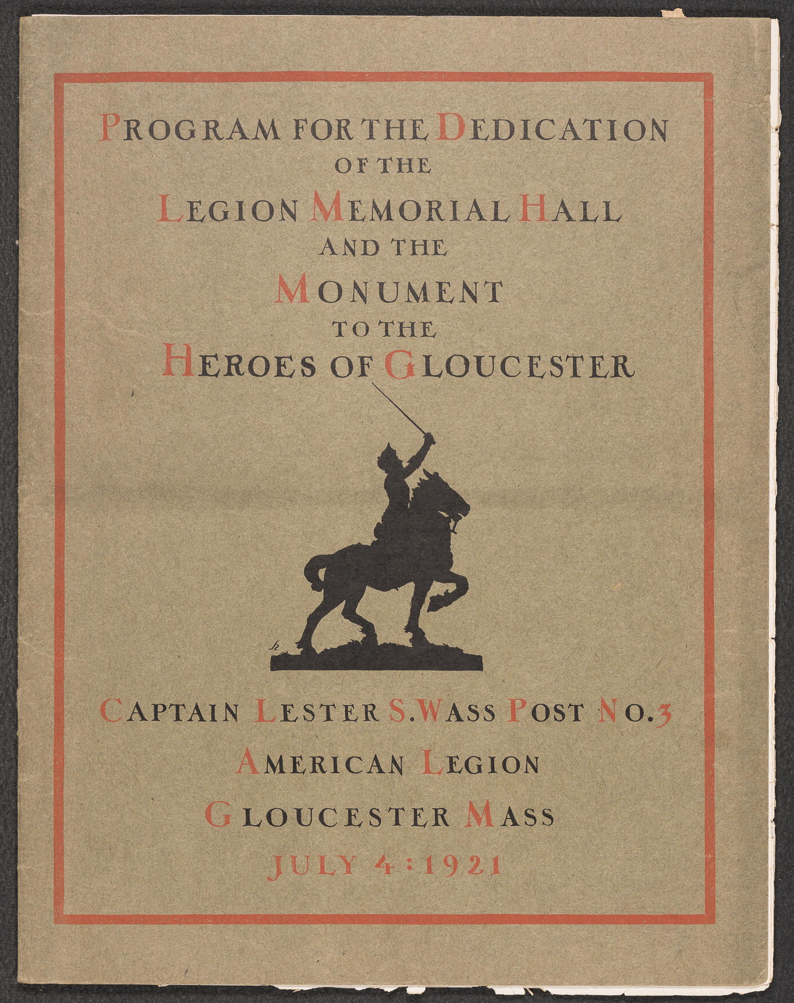 An old weathered program for the Dedication of Legion Memorial Hall