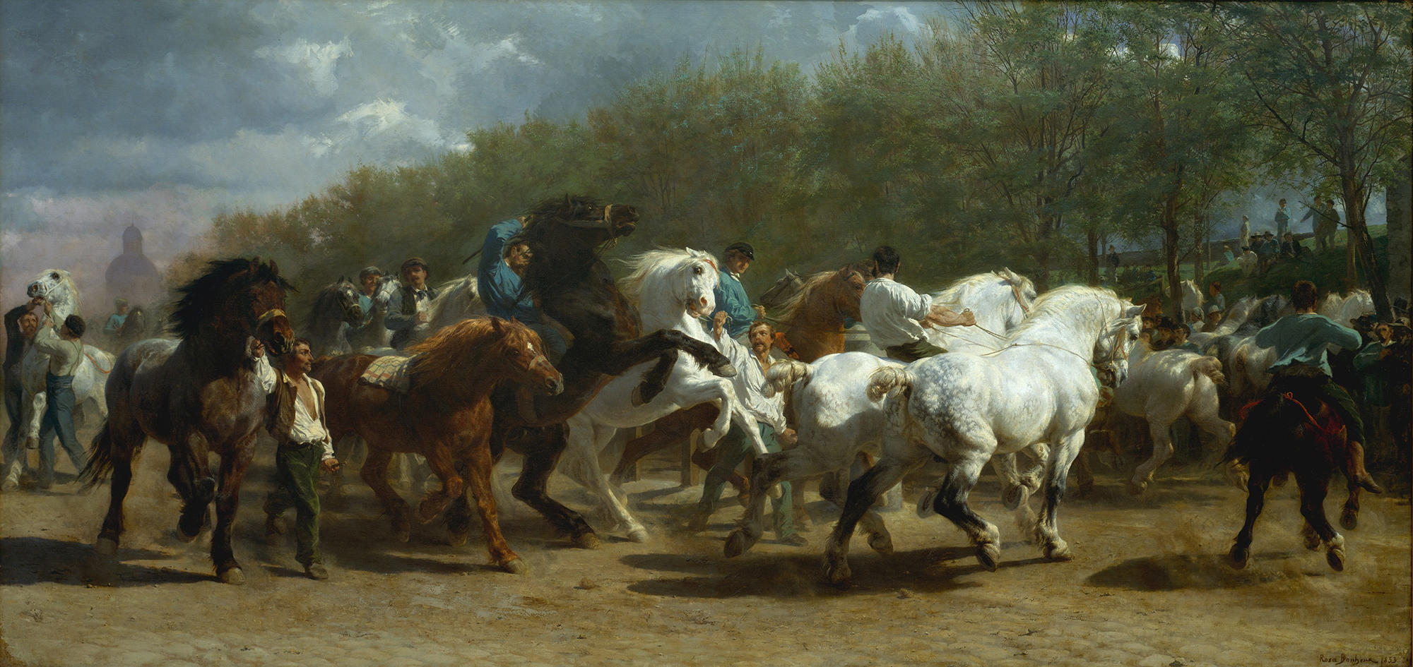 A painting of wild horses running