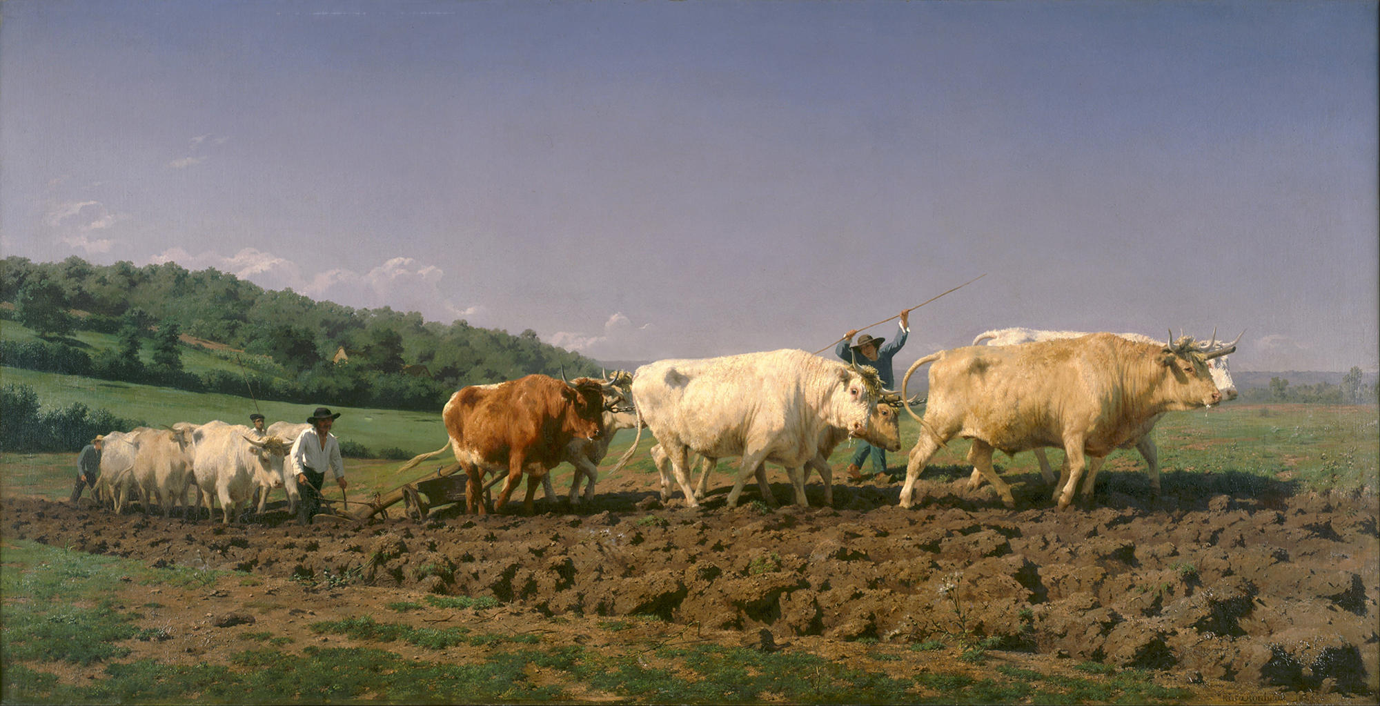 A painting of cows in a field