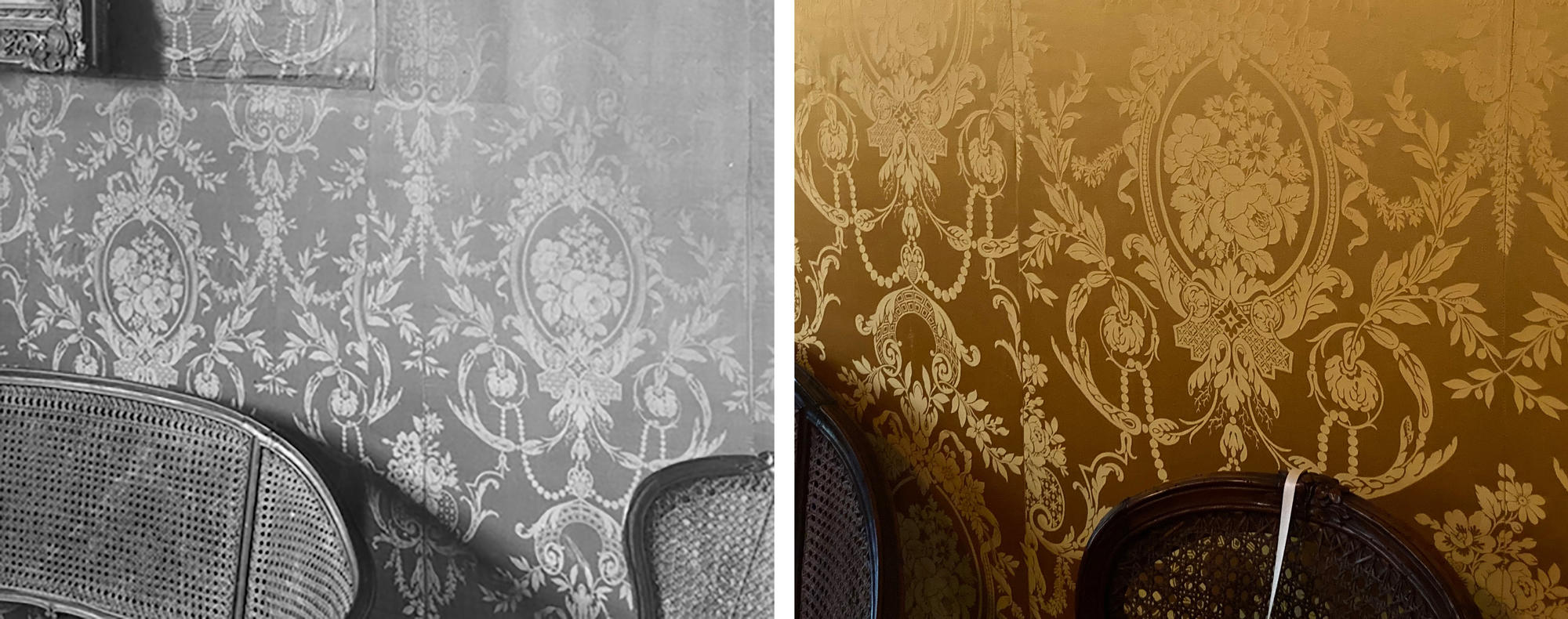 A black and white photo of the walls in the Yellow room on the left, with a yellow vibrant wall on the right.