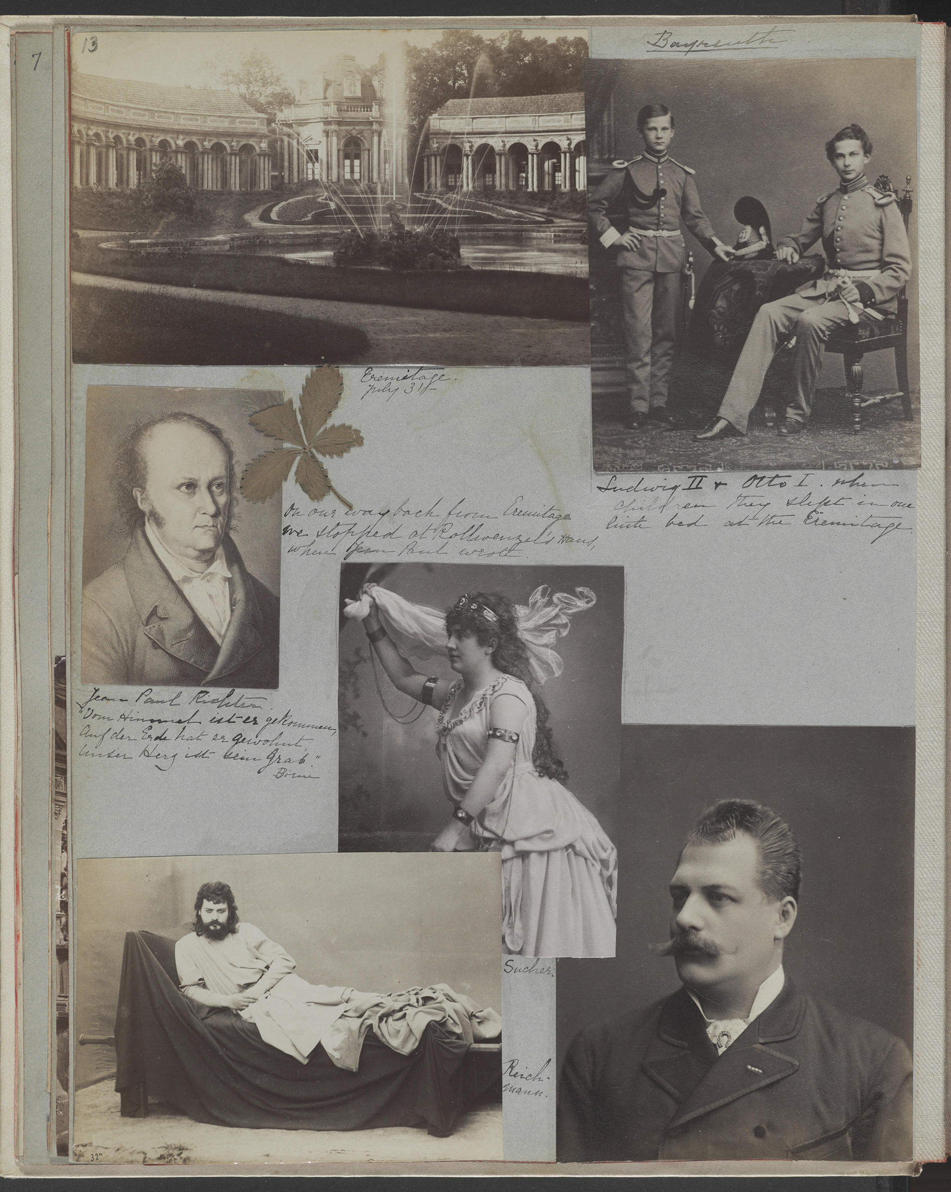 Several photos of men on a page wtihin a scrapbook.