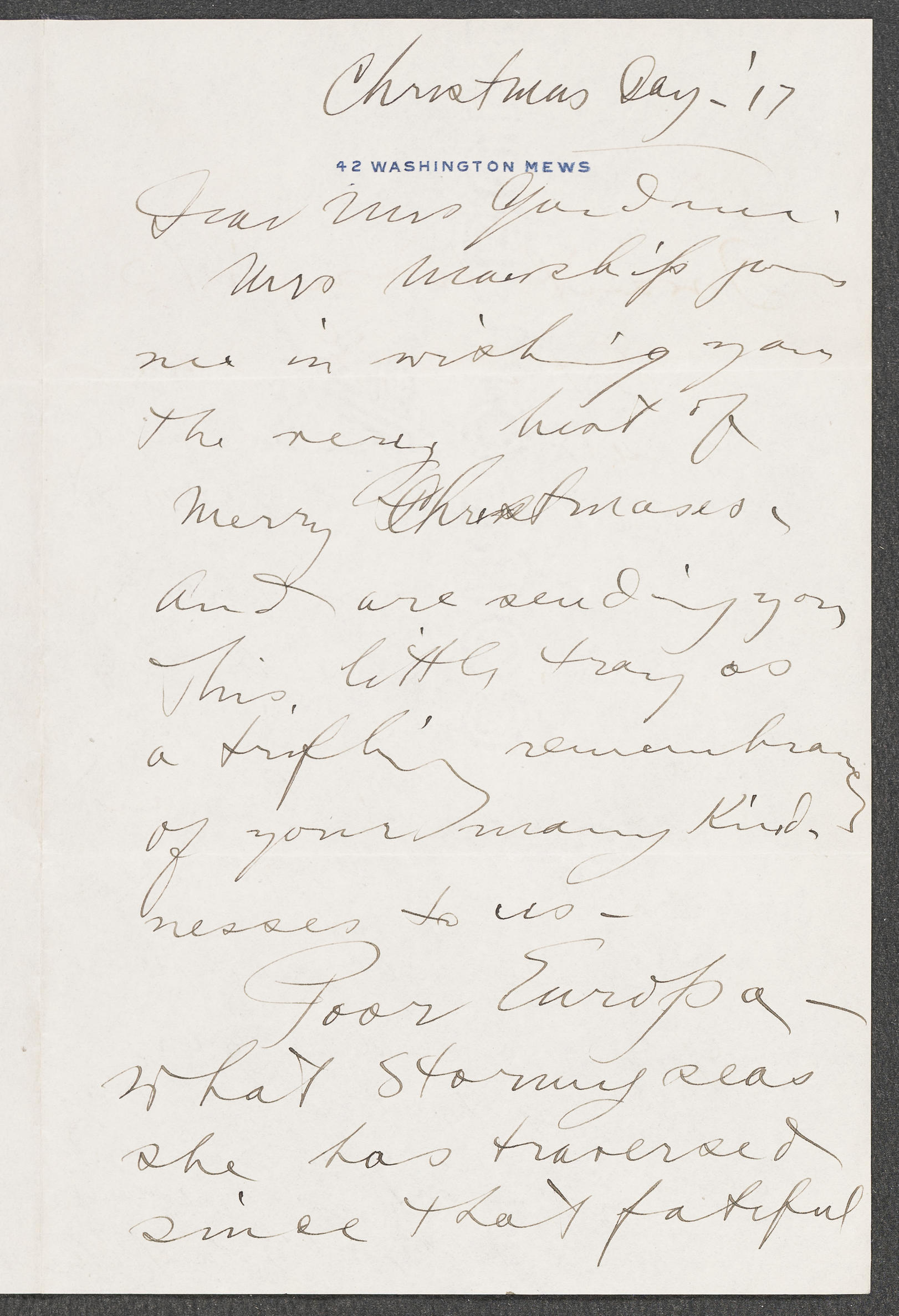 A letter in black ink on a letterhead titled 42 Washington Mews.