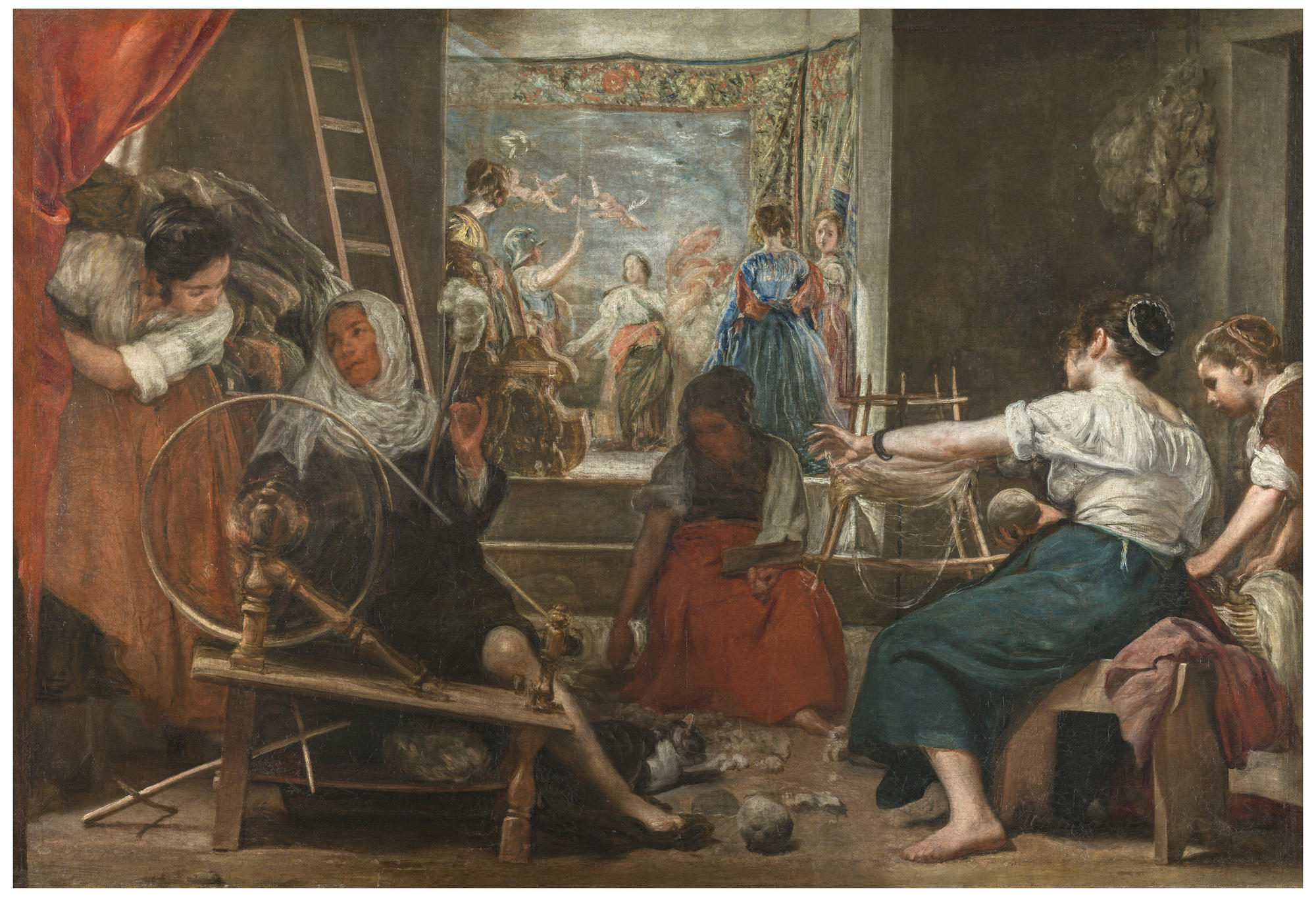 A painting of people in a room with spinning machines.