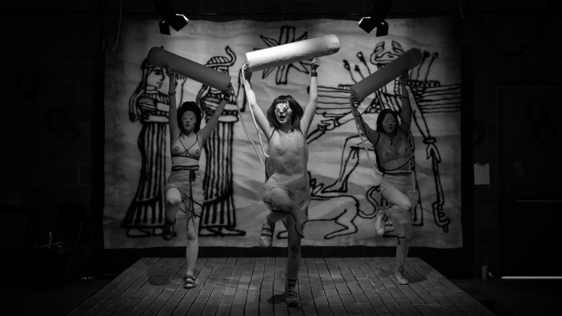 A clip from The Rape of Europa film with three women dancing with columns.